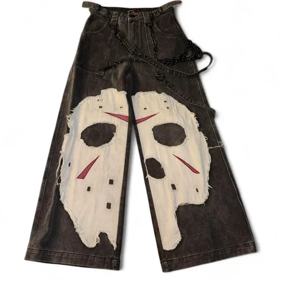 DollsKill 13日の金曜日 ジェイソン y2k バギー カーゴ デニム Dolls Kill x WB Horror Jason Mask Baggy Denim Jeans - Washed